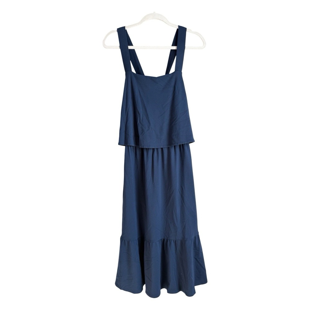 J. Jill Tiered Cross-Strap Midi Dress Size M Navy Blue Knit Coastal Flounce Boho